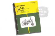 This is an 82 page parts catalog covering the John Deere tractor models "A" and "AR" Thru "AO" (unstyled)
(Model A Serial No. 410000-476999)
(Models AR-AO Serial No. 250000-271999)